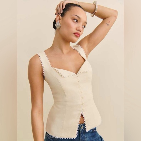 Reformation Viola Linen Top Anthropologie Collab NWT Color Sugar Size 6 Linen - Picture 1 of 12